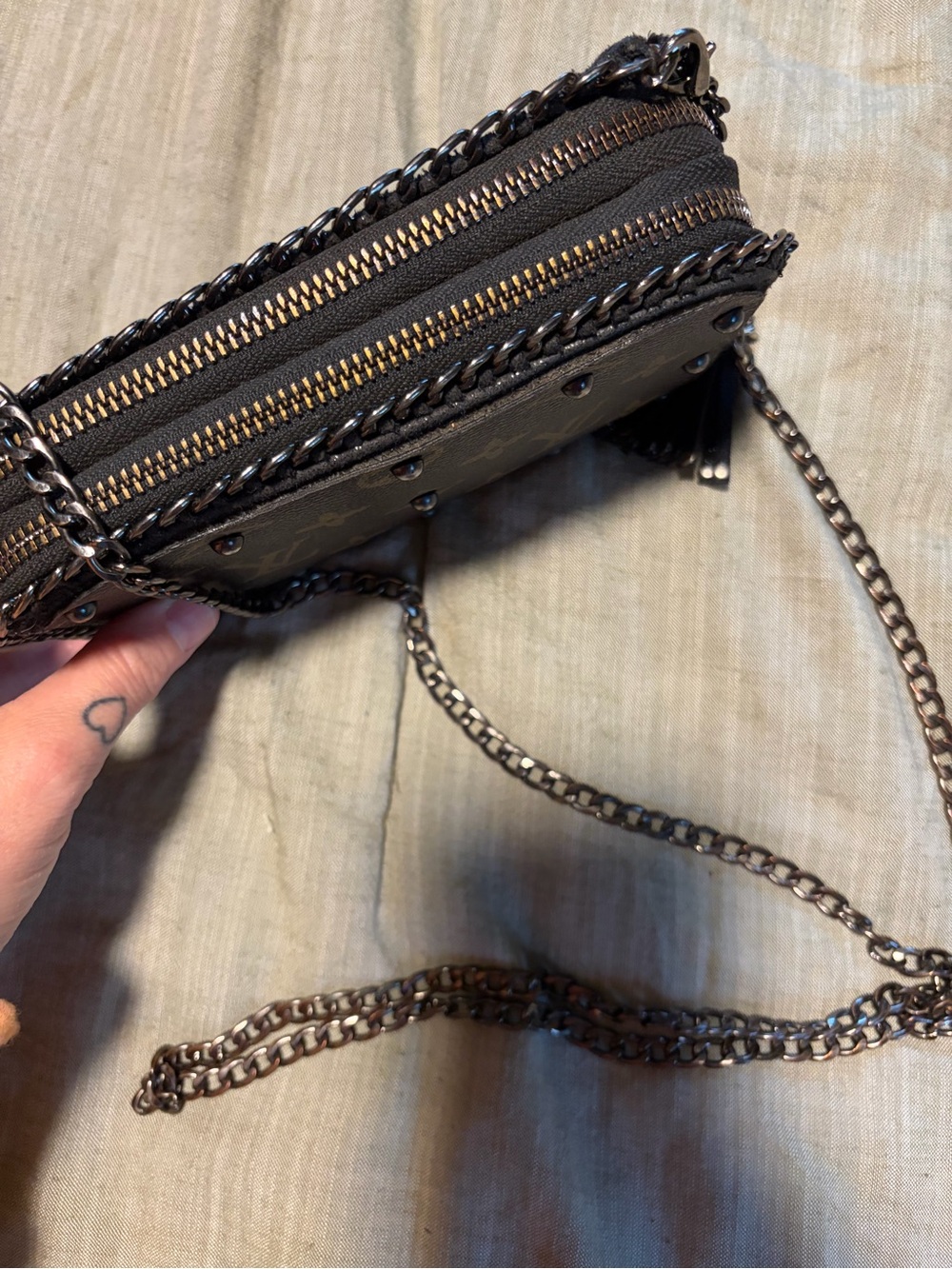 Repurposed Luis Vuitton Brown Monogram Crossbody Bag with Studs and Tassel - Picture 4 of 13